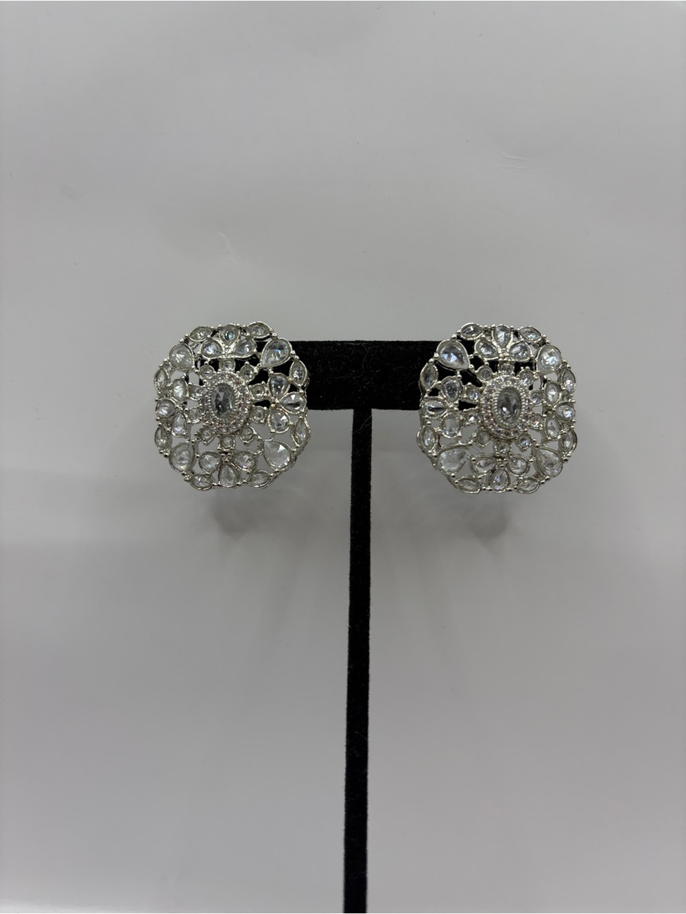 Silver Cubic Zirconia Crystal Filigree Round Stud Earrings